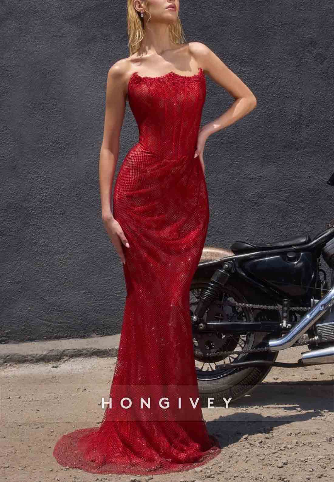 Sparkly Strapless Mermaid Glitter Sweep Train Elegant Prom Dresses