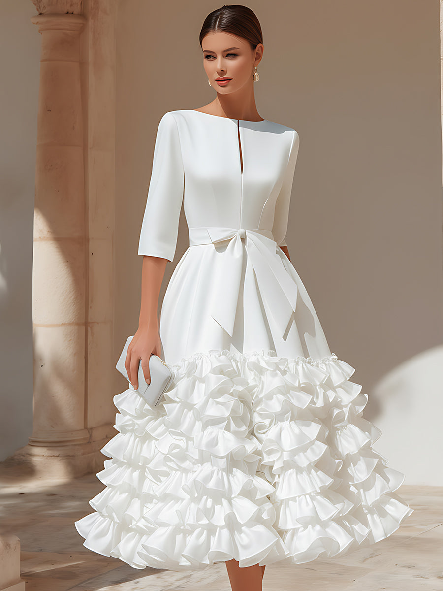 Belted Ruffled-Hem Midi Dress