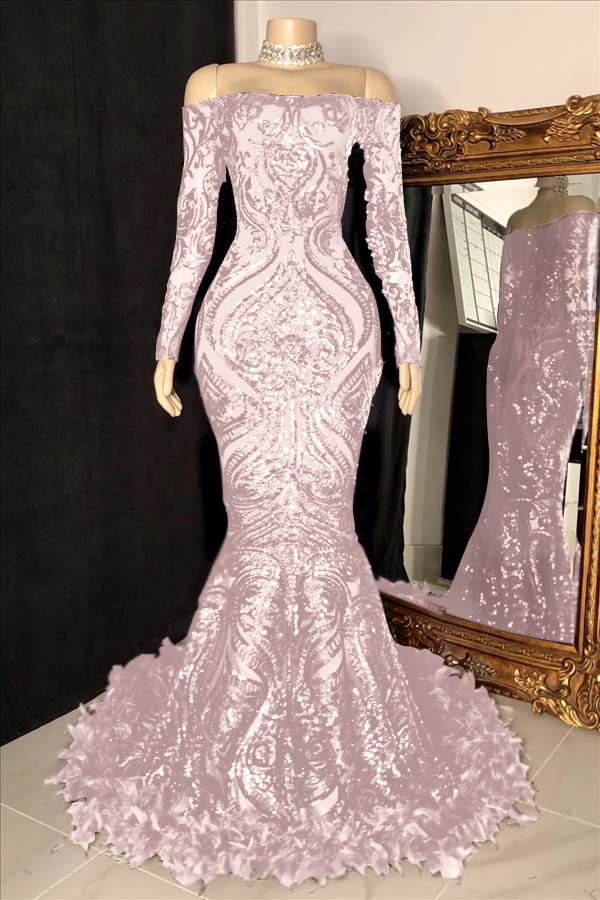 Hidais Long Sleeves Strapless Mermaid Prom Dress Sequins Burgundy With Feather