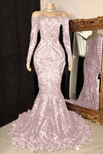 Hidais Long Sleeves Strapless Mermaid Prom Dress Sequins Burgundy With Feather