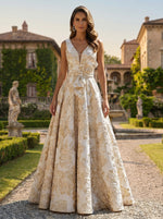Sleeveless V-Neck Jacquard Satin Mother of the Bride Dresses