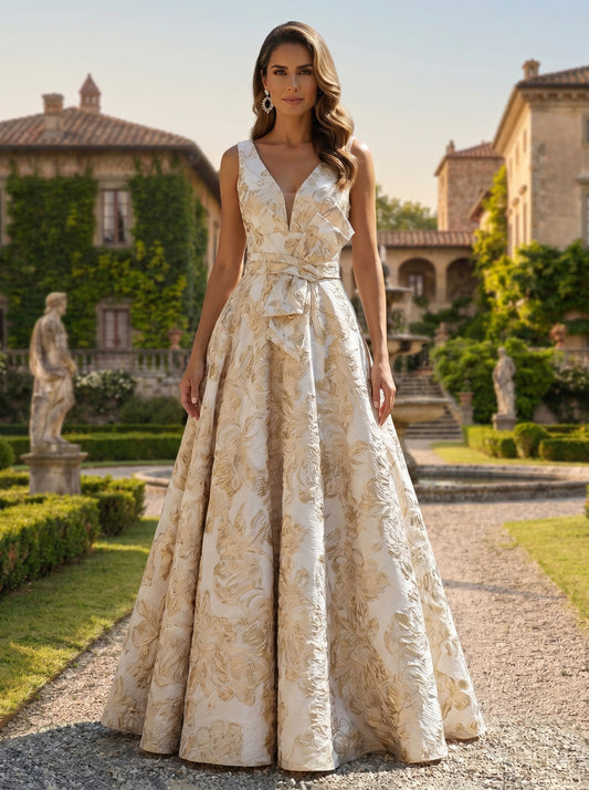 Sleeveless V-Neck Jacquard Satin Mother of the Bride Dresses