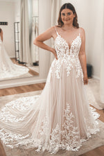 A Line V Neck Tulle Lace Wedding Dresses