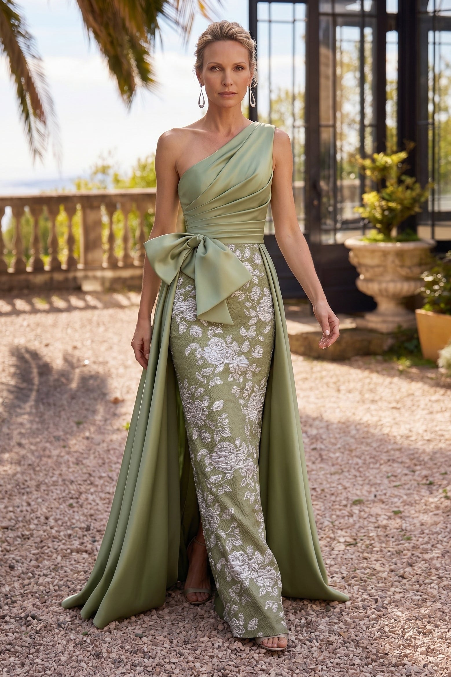 Jacquard Sheath One-Shoulder Ruched Long Evening Dresses with Bow