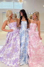 Gorgeous A Line Strapless Jacquard Satin Prom Dress with Bow