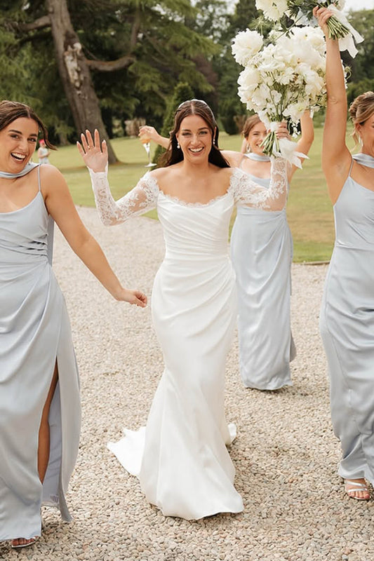 Elegant Mermaid Off the Shoulder Satin Wedding Dresses with Lace Long Sleeves