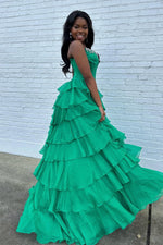 A Line Scoop Neck Green Chiffon Tiered Prom Dress with Beading