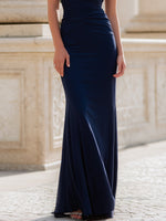 Navy Halter Ruched Column Maxi Dress