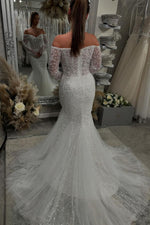 Gorgeous Mermaid Off the Shoulder Sequins Lace Wedding Dresses with Sleeves