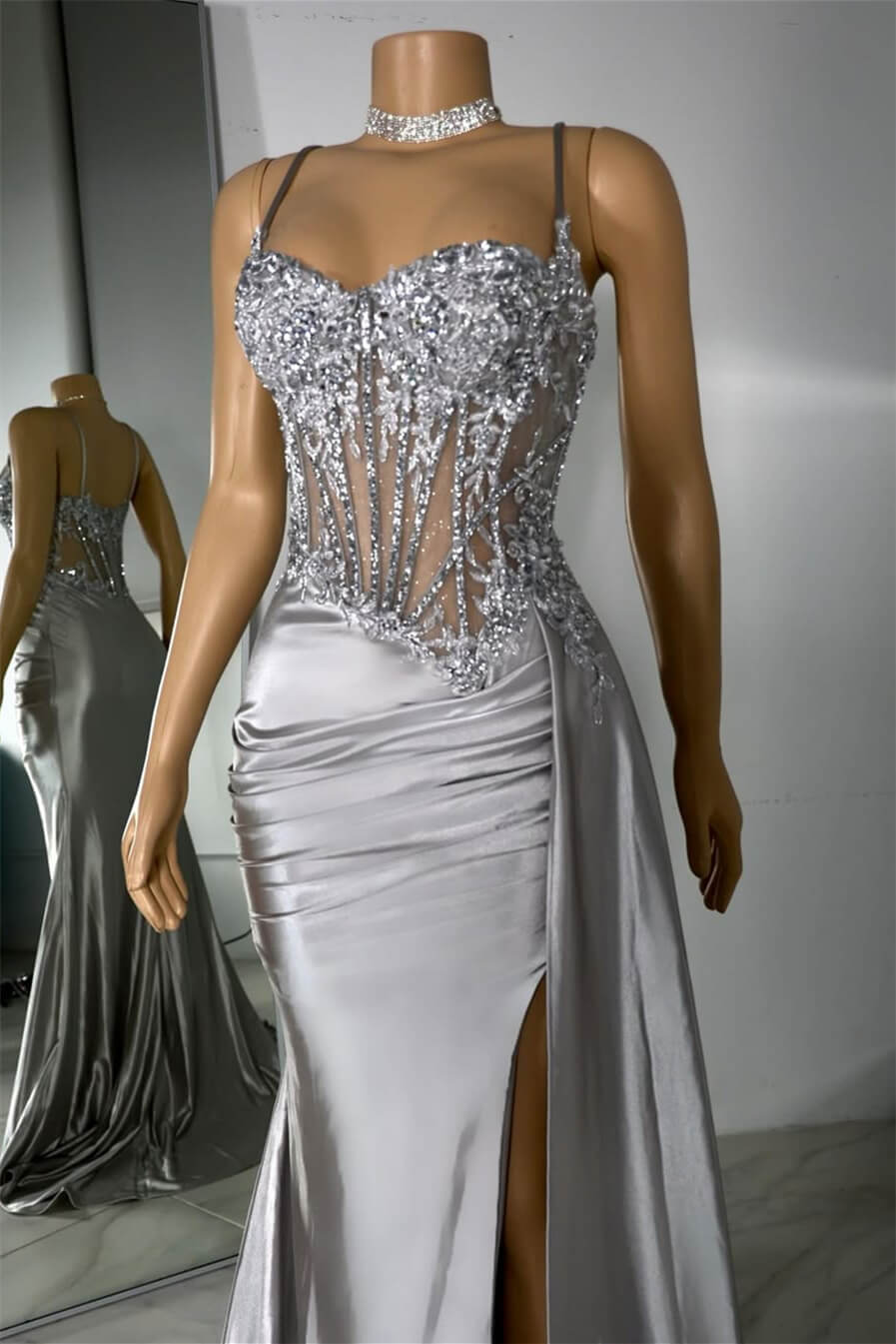 Silver Spaghetti-Straps Sleeveless Mermaid Prom Dress Split Long With Ruffles Appliques