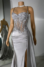 Silver Spaghetti-Straps Sleeveless Mermaid Prom Dress Split Long With Ruffles Appliques
