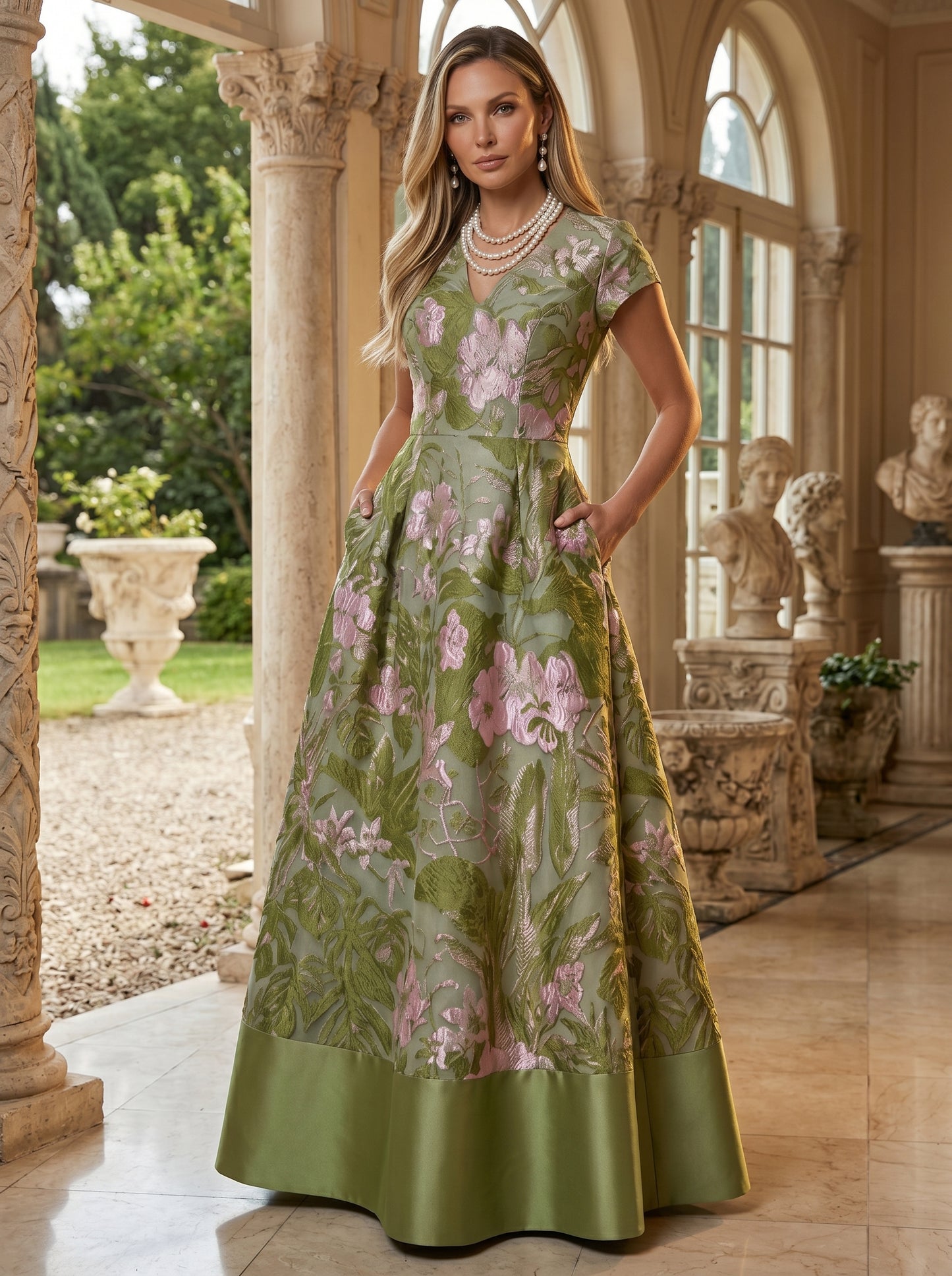 A-Line Floral Jacquard Floor-Length Mother of the Bride with V-Neck, Cap Sleeves