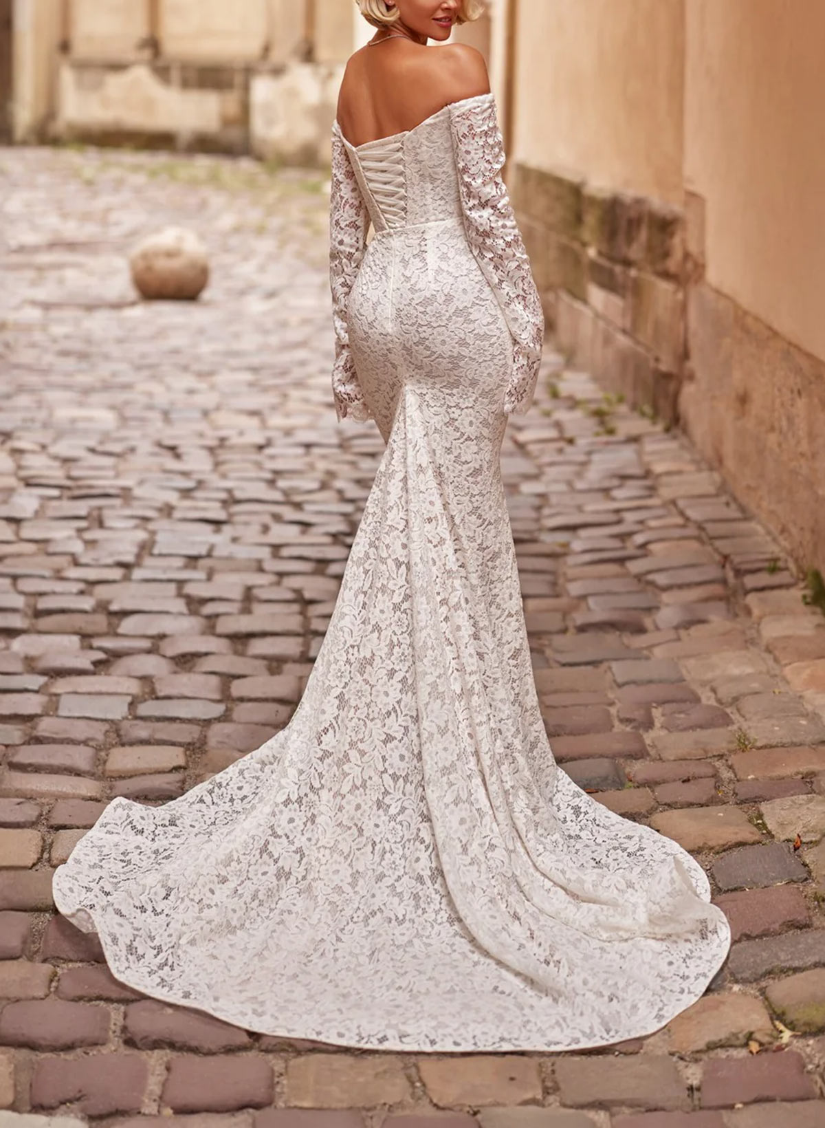 Trumpet Mermaid Off-The-Shoulder Long Sleeves Sweep Train Lace Wedding Dresses