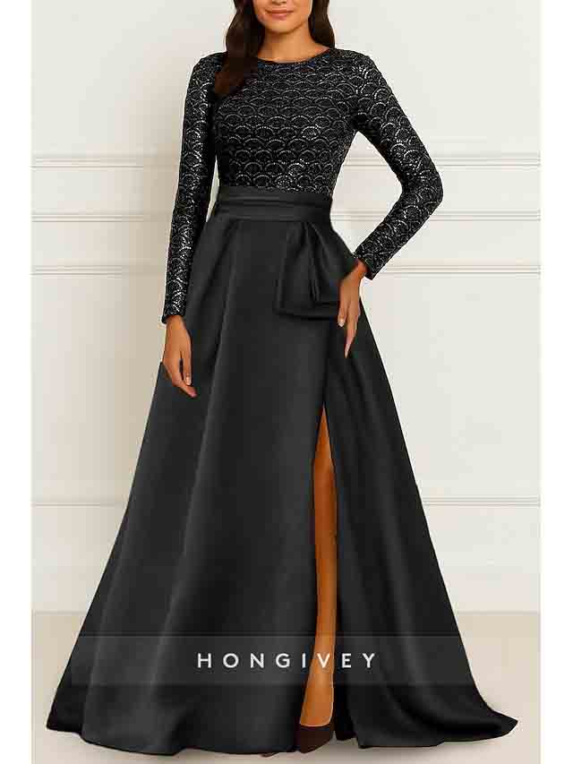 Zipper Floor-Length A-line Evening Gown Sequined Long Sleeve