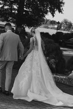 A Line Boat Neck Satin Long Wedding Dress with Appliques