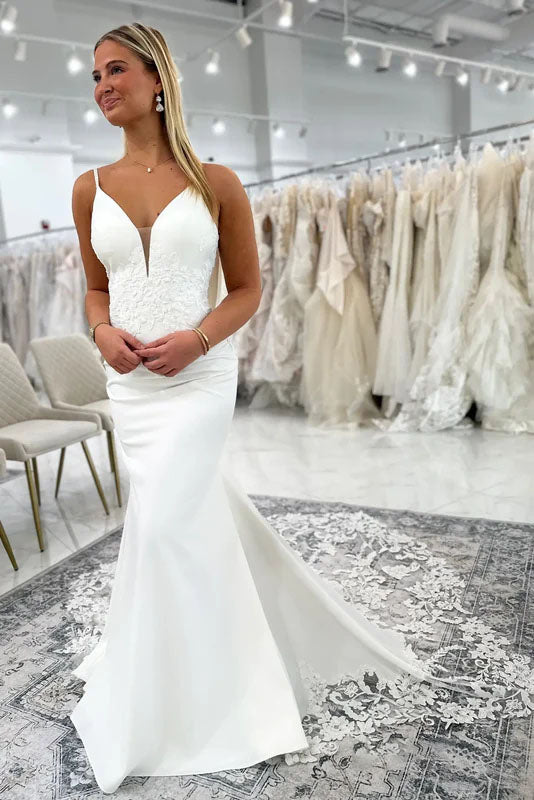 Timeless Ivory Crepe Wedding Dress with Deep V Neck Lace Bodice Cowl Low Back