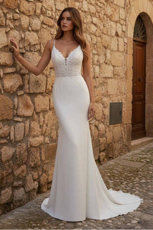 Timeless Ivory Crepe Wedding Dress with Deep V Neck Lace Bodice Cowl Low Back