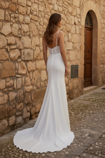 Timeless Ivory Crepe Wedding Dress with Deep V Neck Lace Bodice Cowl Low Back