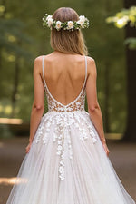 V-Neck Spaghetti-Straps Sleeveless Tulle Wedding Gowns A-Line With Appliques Backless