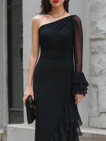 Mooyius One-Shoulder Sheer Ruffled Midi Evening Dress