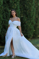 A Line Off the Shoulder Organza Satin Slit Wedding Dresses