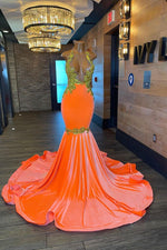 Stunning Orange Halter Sleeveless Mermaid Prom Dress Appliques With Beadings