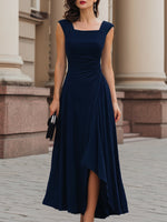 Navy Sleeveless Square Neck Ruched Asymmetric Midi Dress With Side Slit