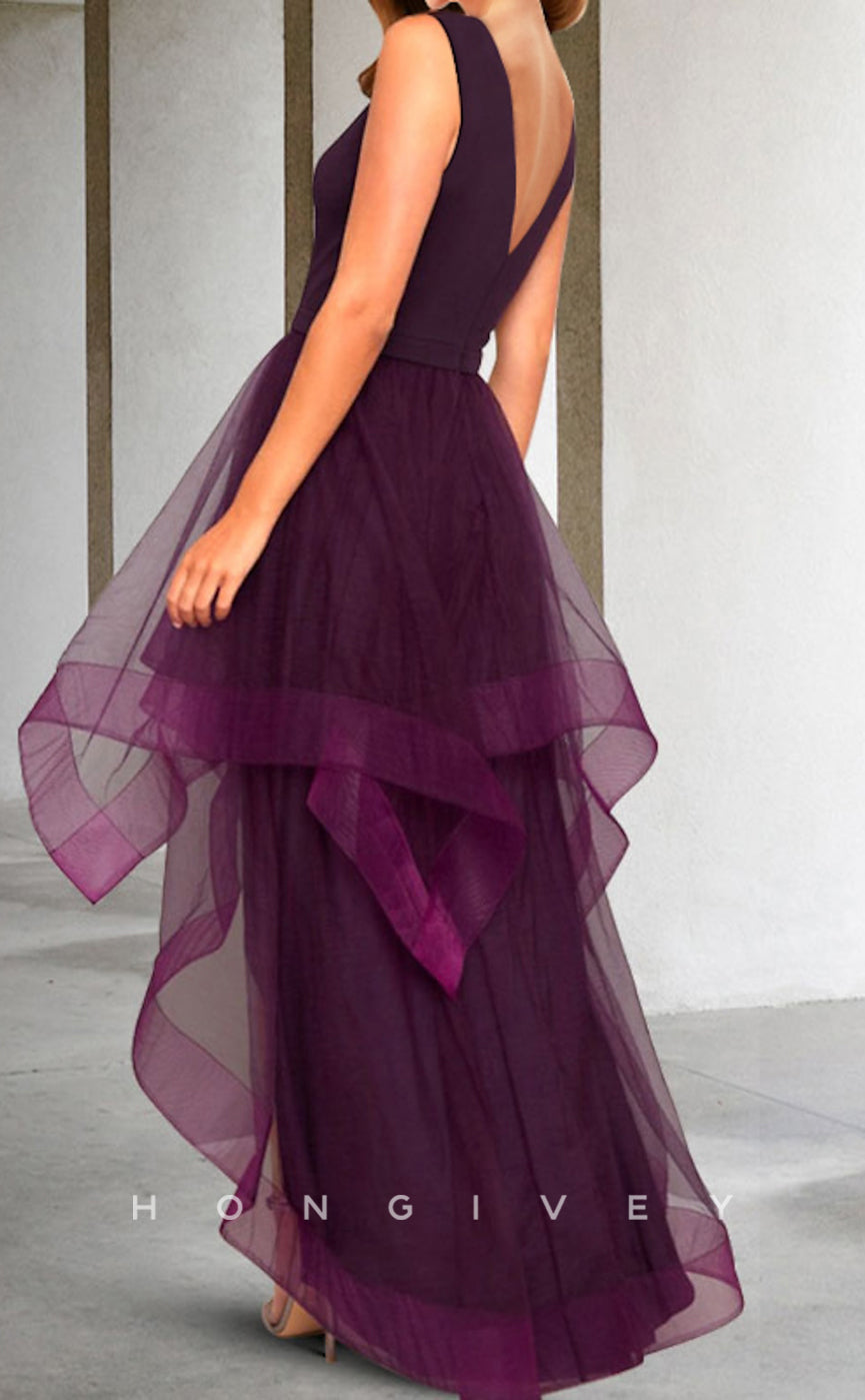 HM216 - A-Line V-Neck Sleeveless High Low Mother of the Bride Dress