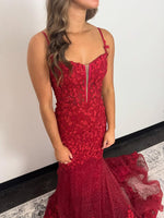 Red Spaghetti Straps Sleeveless Appliques Mermaid Tulle Floor-Length Prom Dress