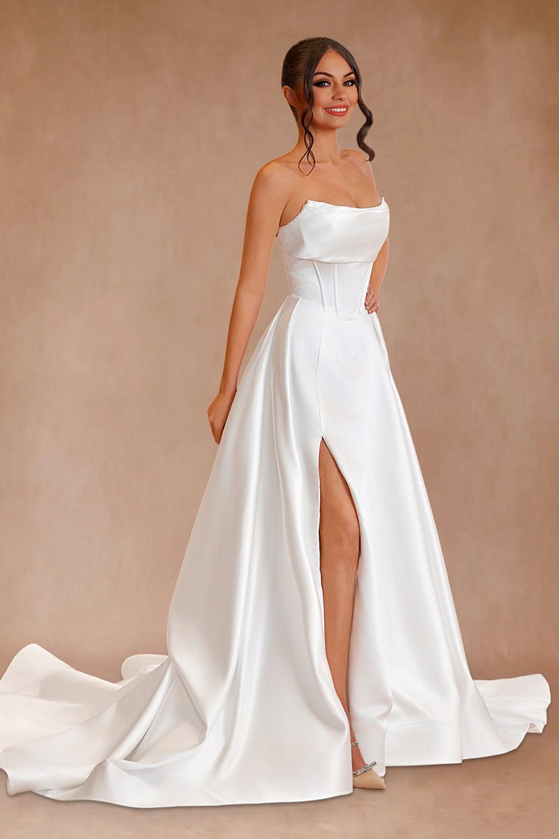 White Strapless Satin A-Line Wedding Dresses