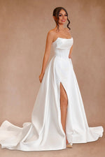 White Strapless Satin A-Line Wedding Dresses