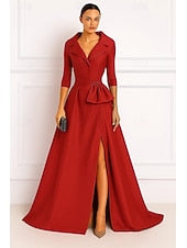 Elegant V-Neck 3/4 Sleeve A-Line Floor-Length Side Slit Evening Dress