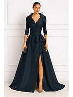 Elegant V-Neck 3/4 Sleeve A-Line Floor-Length Side Slit Evening Dress