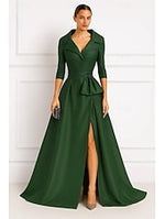 Elegant V-Neck 3/4 Sleeve A-Line Floor-Length Side Slit Evening Dress
