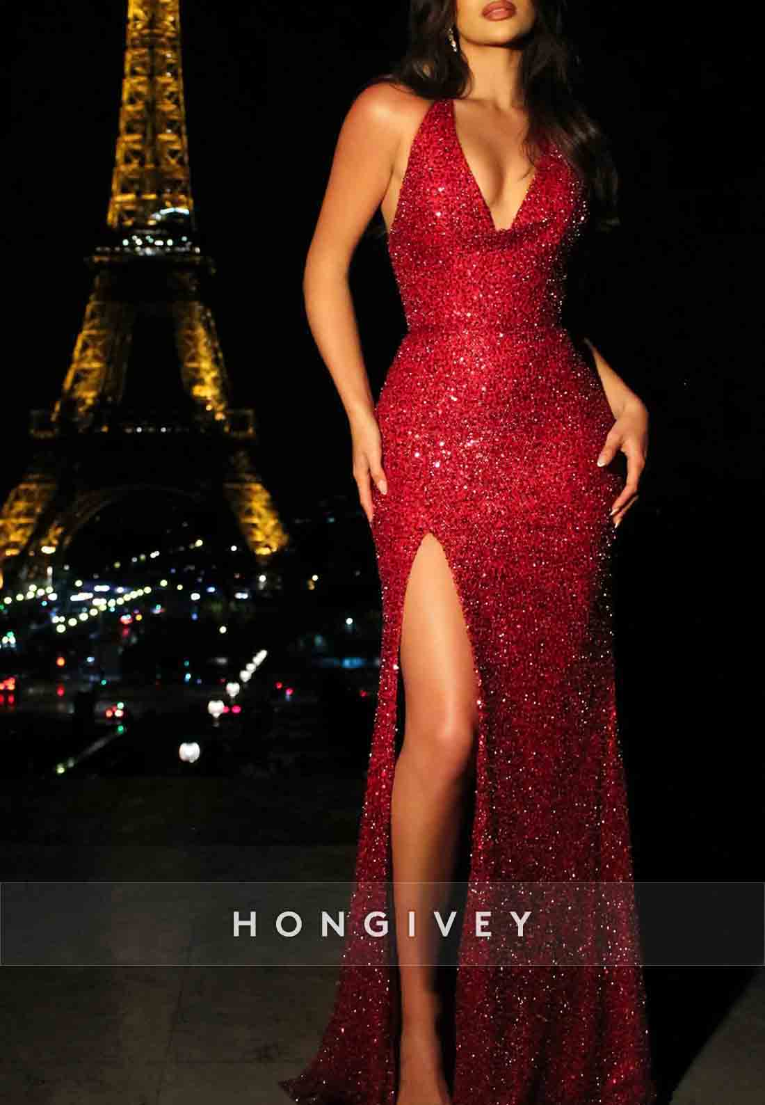 Red Low V-Neck Halter High Slit Tie Back Sequined Prom Dresses