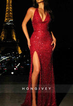 Red Low V-Neck Halter High Slit Tie Back Sequined Prom Dresses