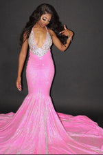 Halter Mermaid Evening Gowns Backless Prom Party Gowns