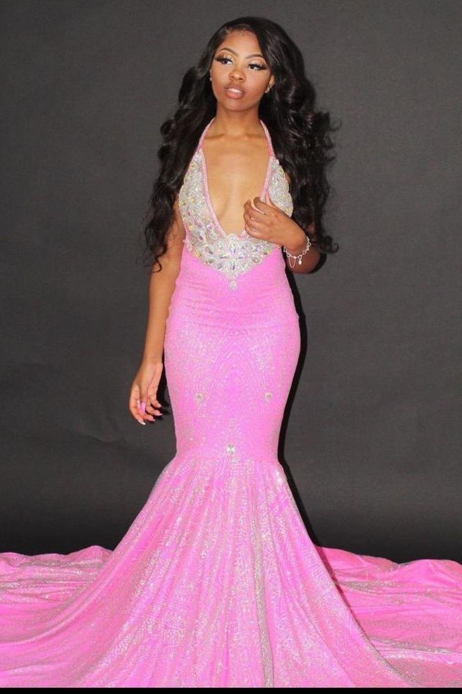 Halter Mermaid Evening Gowns Backless Prom Party Gowns