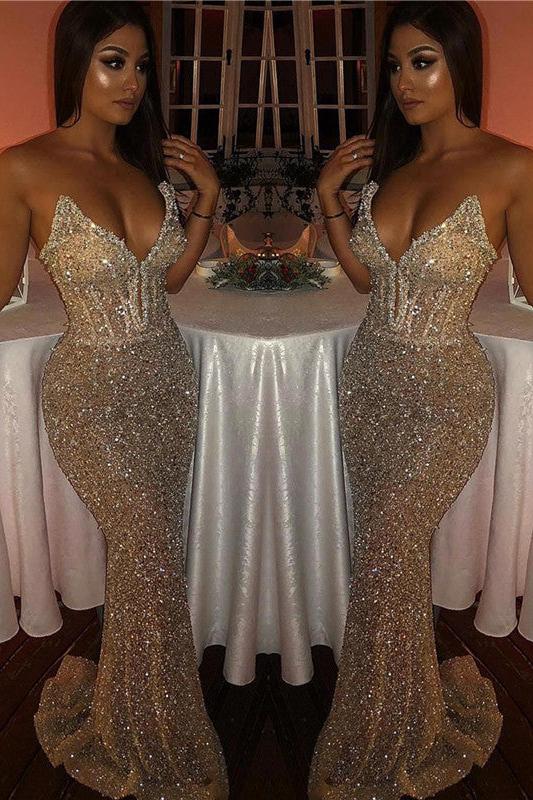 Chic Strapless Sleeveless Sweep Train Mermaid Prom Dresses