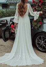Chiffon Bell Sleeves Wedding Dresses Beach High Slit V-Neck Romantic Bridal Gowns