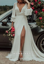 Chiffon Bell Sleeves Wedding Dresses Beach High Slit V-Neck Romantic Bridal Gowns