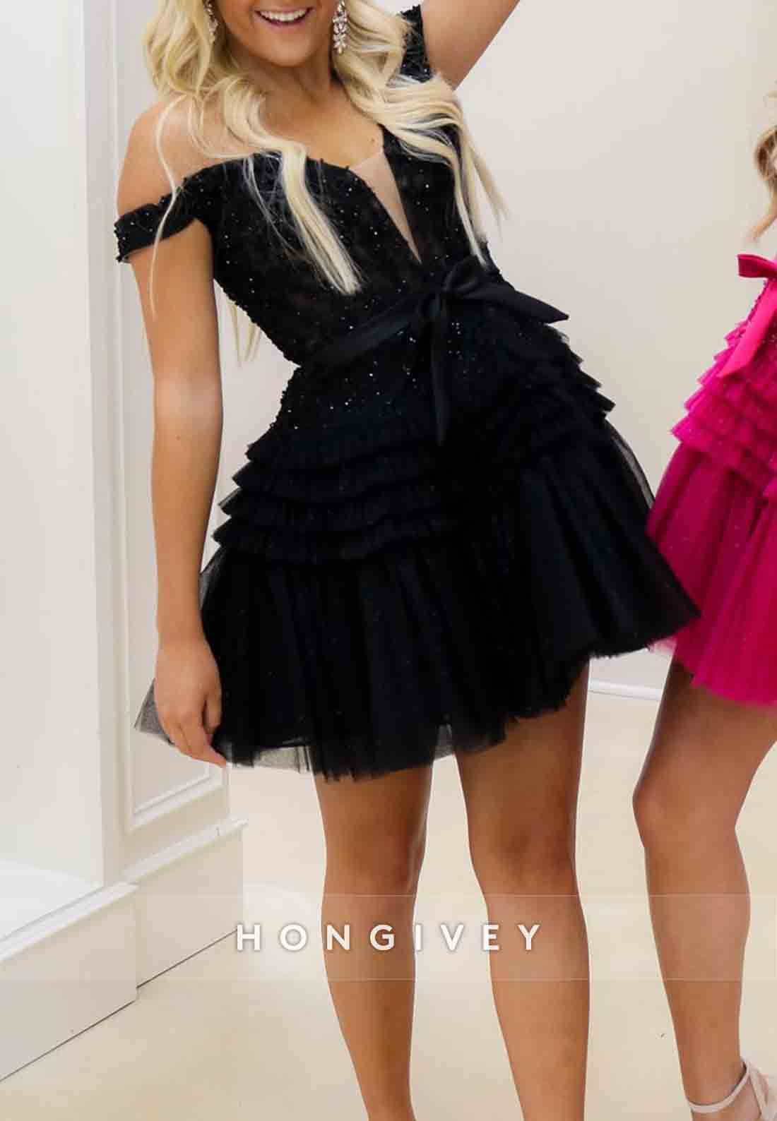 Off the Shoulder Waistband Bowknot Ruched A-Line Short Homecoming Dresses