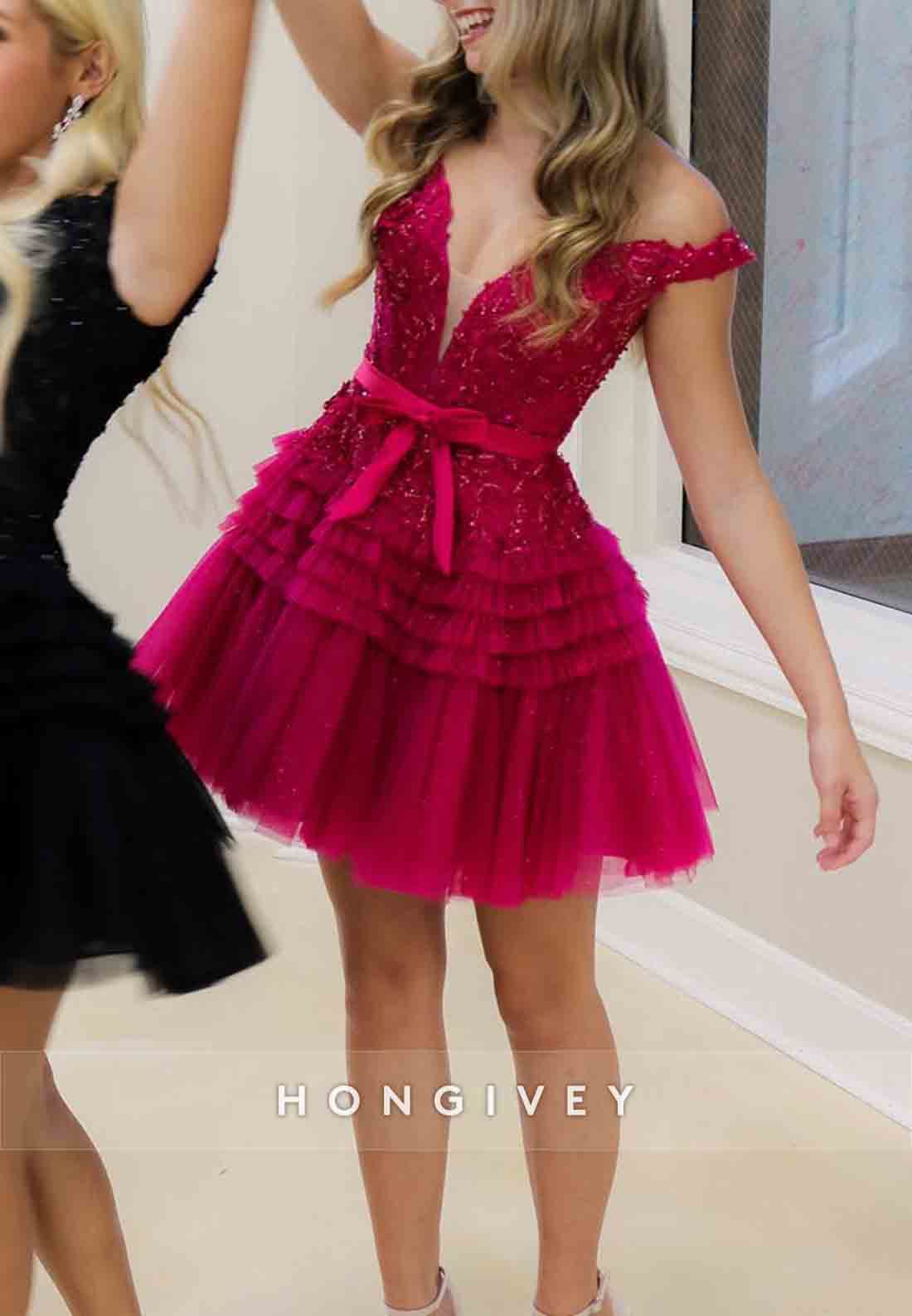 Off the Shoulder Waistband Bowknot Ruched A-Line Short Homecoming Dresses