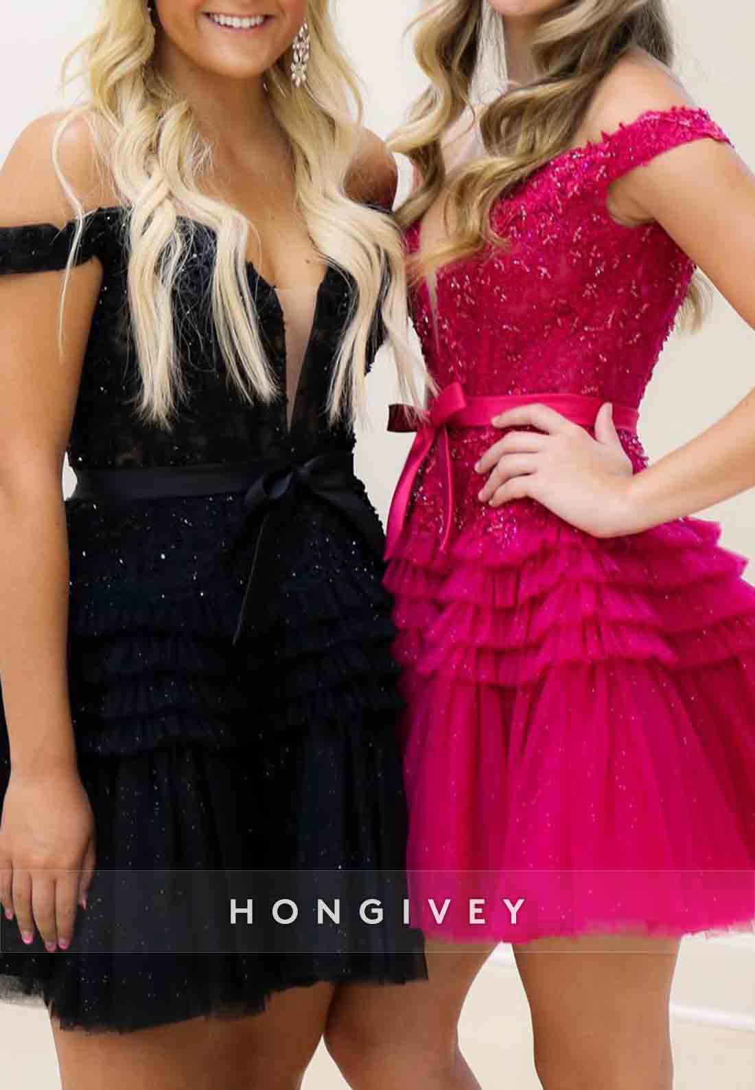 Off the Shoulder Waistband Bowknot Ruched A-Line Short Homecoming Dresses