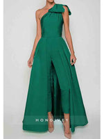 One Shoulder Bow Jumpsuit Detachable Evening Dress