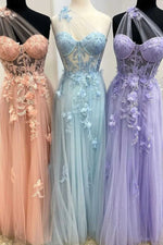 Dreamy Lavender One-Shoulder Sheer Mesh Long Prom Dress