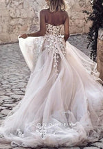 Tulle A-Line Strapless Court Train Lace Wedding Dresses with Appliques