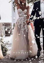 Tulle A-Line Strapless Court Train Lace Wedding Dresses with Appliques