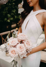 Keyhole Neck Sleeveless Sheath Waistband Sweep Train Wedding Dresses