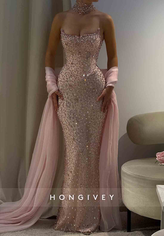 Sparkly Strapless Mermaid Prom Dresses Floor-Length Evening Gowns with Rhinestone